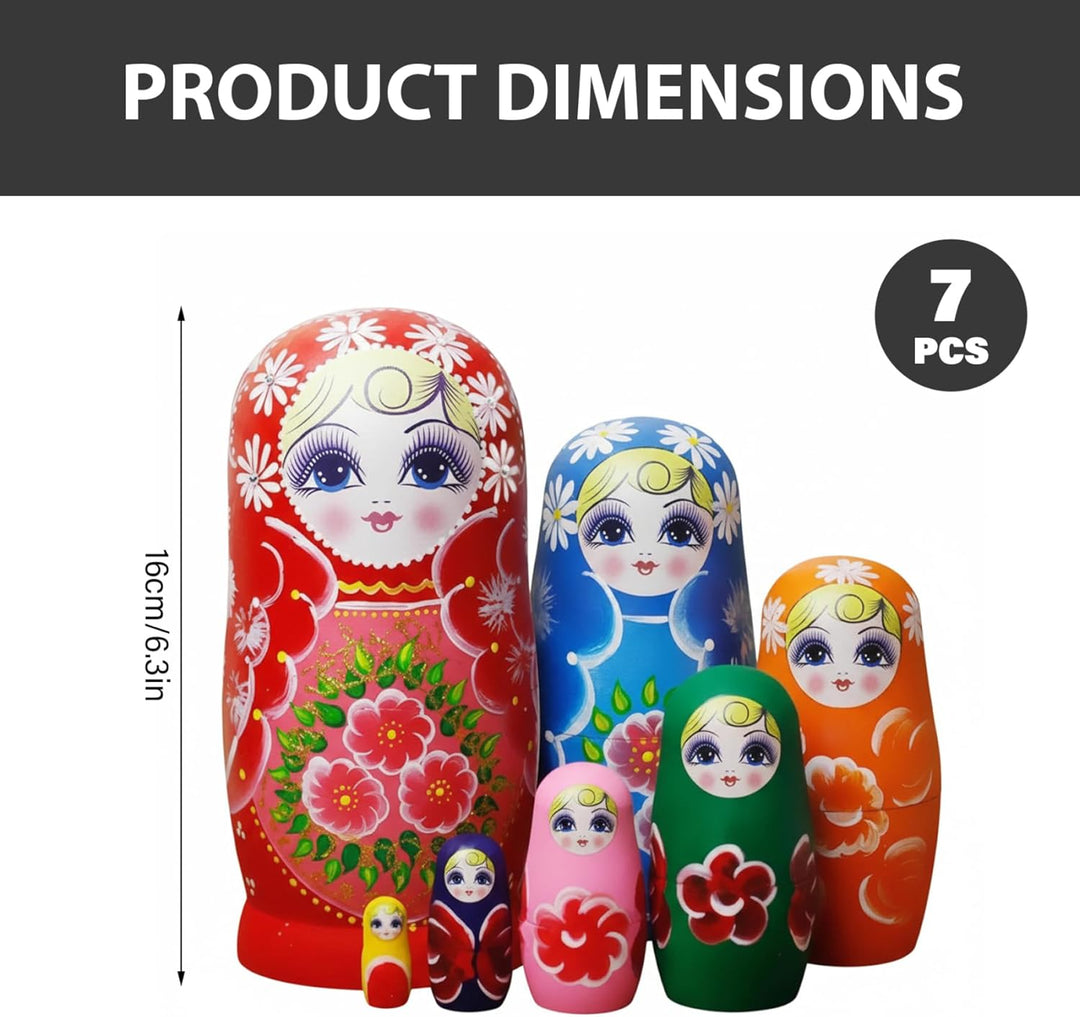 Set mit 7 russischen Nistpuppen, Matroschka-Puppe aus Holz mit Sonnenblumenmuster für Kinder und Erw