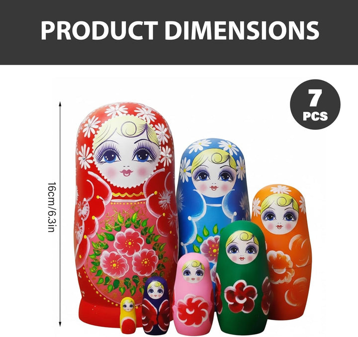Set mit 7 russischen Nistpuppen, Matroschka-Puppe aus Holz mit Sonnenblumenmuster für Kinder und Erw