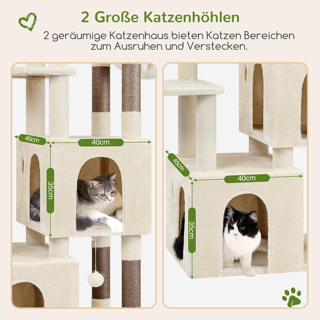 Globlazer Kratzbaum Beige für 3-5 Grosse Katzen 156 cm mit 2 Extragross Katzenhaus 45*40*35CM, Gross
