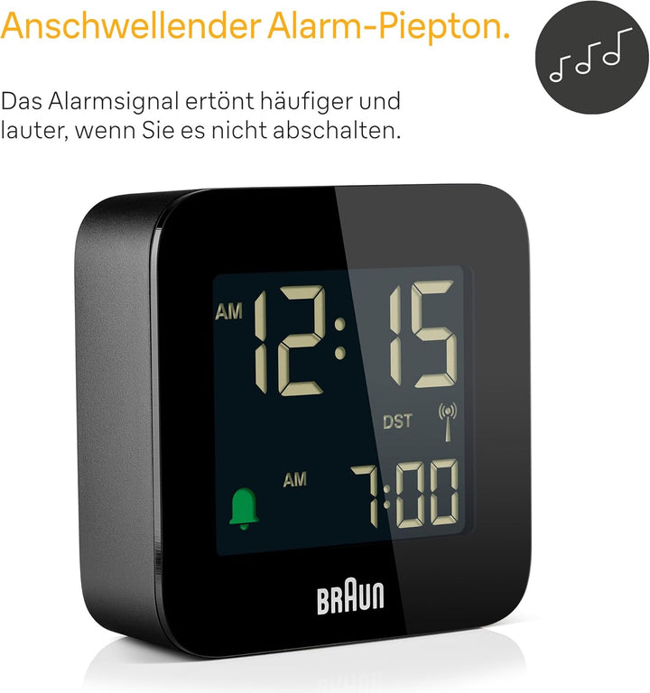 Braun Digitaler Reisewecker Mitteleuropäische Zeitzone (MEZ) mit Schlummerfunktion, kompakte Grösse,