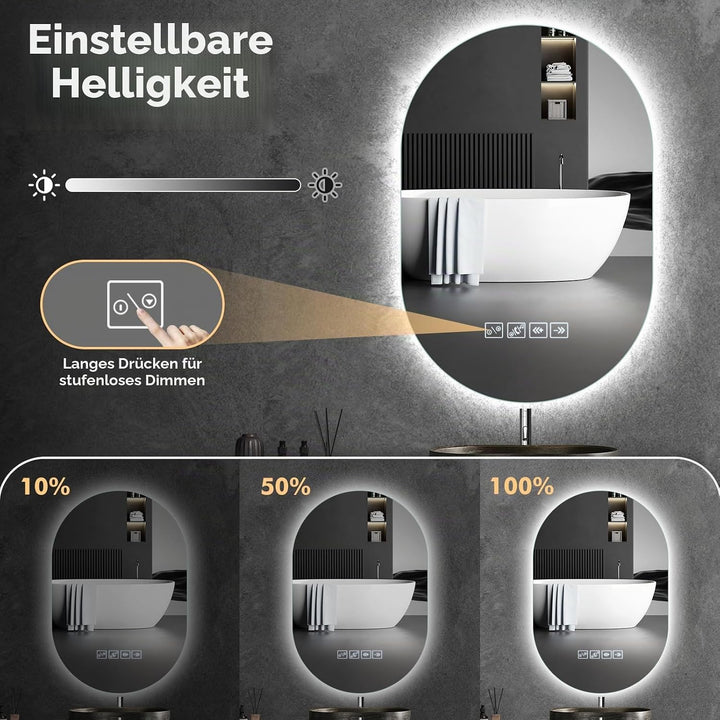 Badspiegel mit Beleuchtung mit Bluetooth Lautsprecher 50x75cm,Runden LED Badezimmerspiegel mit Entfo