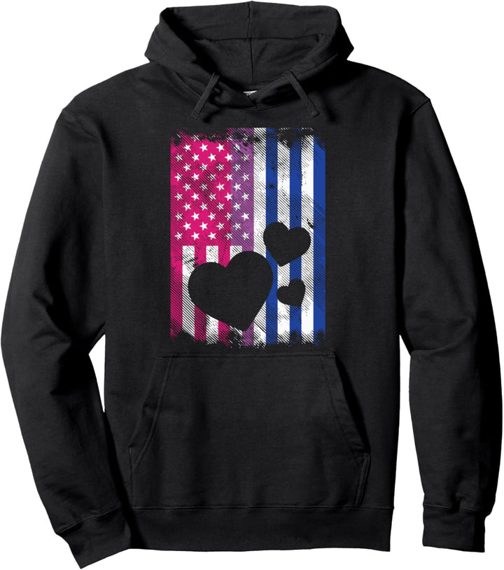 US American Flag Hearts LGBTQ Bisexual Flag Gay Pride Bi Pullover Hoodie