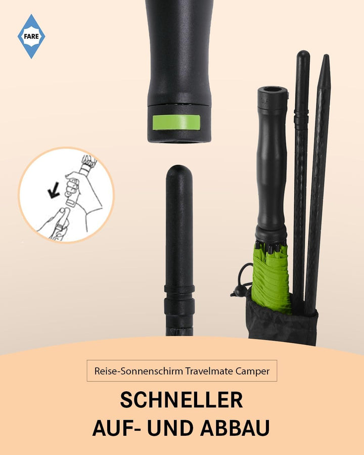 FARE Reise-Sonnenschirm Travelmate Camper UV Schutz 50+ für Koffer Flugzeug Camping Balkon Strand Ga