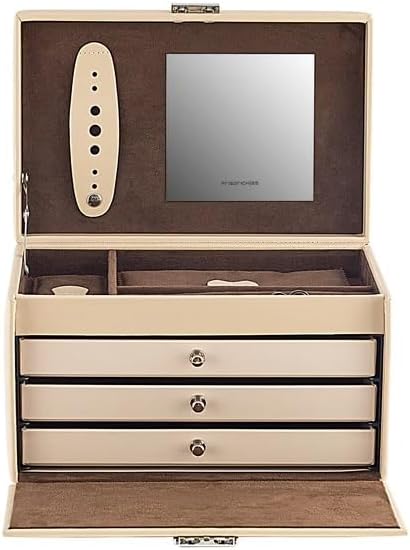Friedrich23 Cordoba Schmuckkoffer Beige – Leder 24x15,5x15 cm, Schmuckbox für Ringe, Ketten, Ohrring