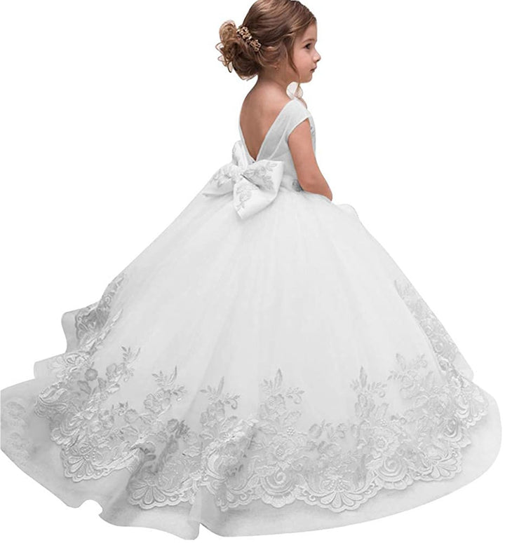 PLWEDDING Fancy Spitze Applikationen Blumenmädchen Kleid Kinder Hochzeitskleid Mädchen Prinzessin Tü
