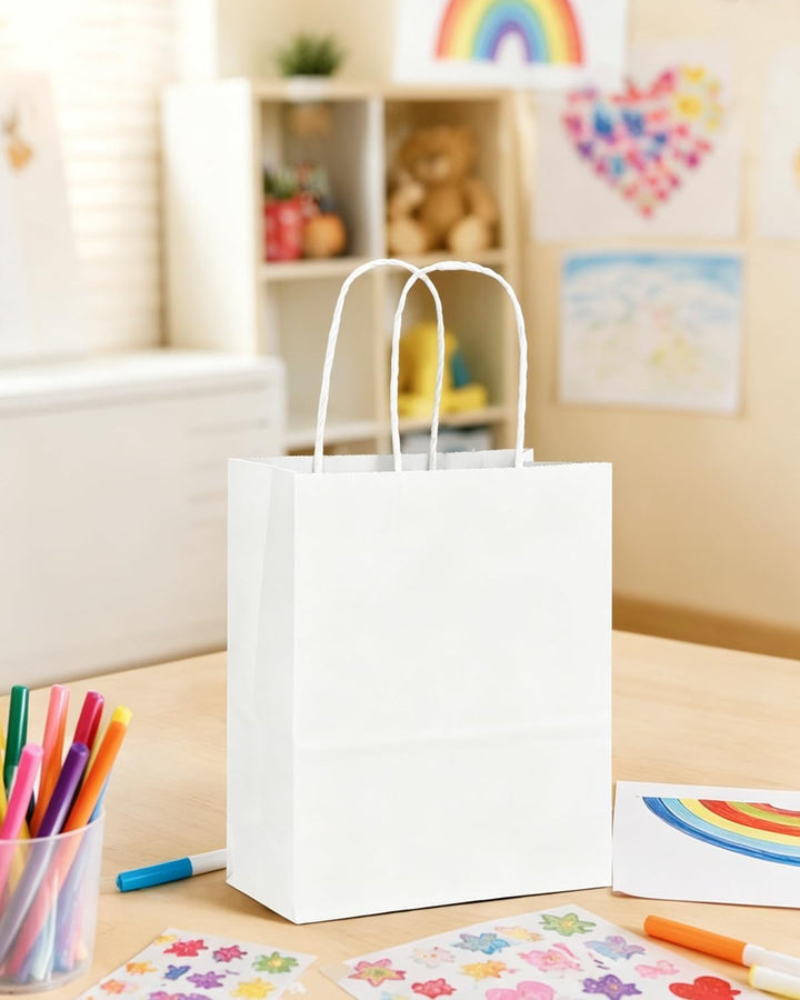 Gcardist 100-Packs weisse Geschenk-Taschen mit Griffen Bulk 11"x8.3"x4.3" Medium Size Paper Bags Mul