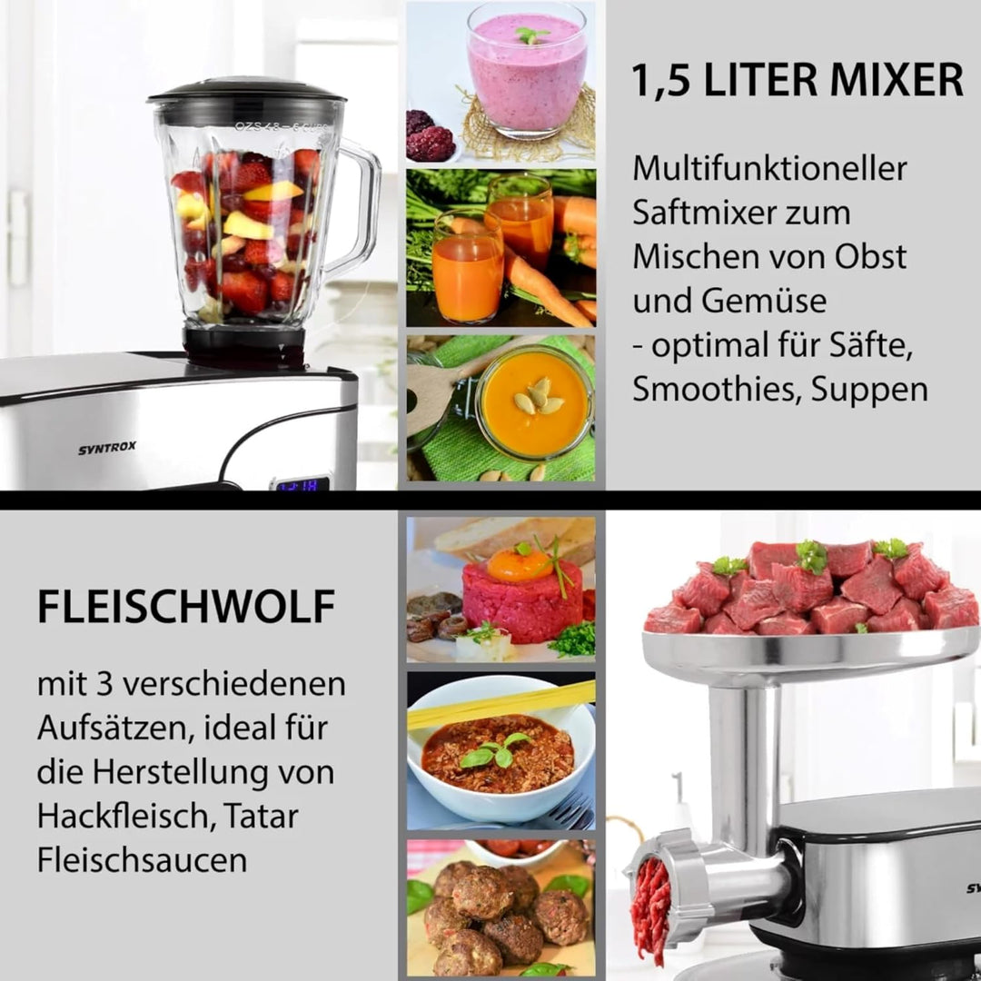 Syntrox Küchenmaschine Schwarz Edelstahl 12 Liter Küchengerät & Fleischwolf, Multi-Funktions-Küchenh