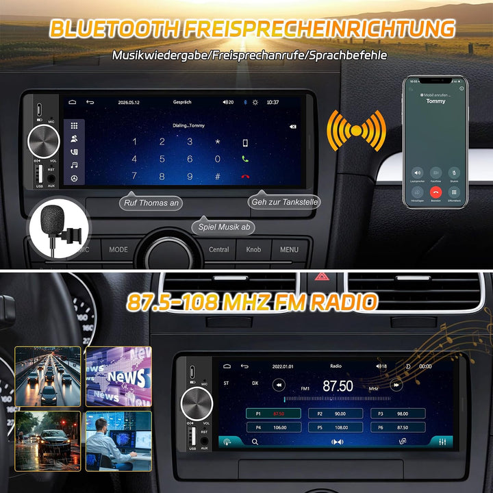 1DIN Bluetooth Autoradio mit Bildschirm, CarPlay &amp; Android Auto, Rückfahrkamera, Navi, FM, 6,28 Zoll