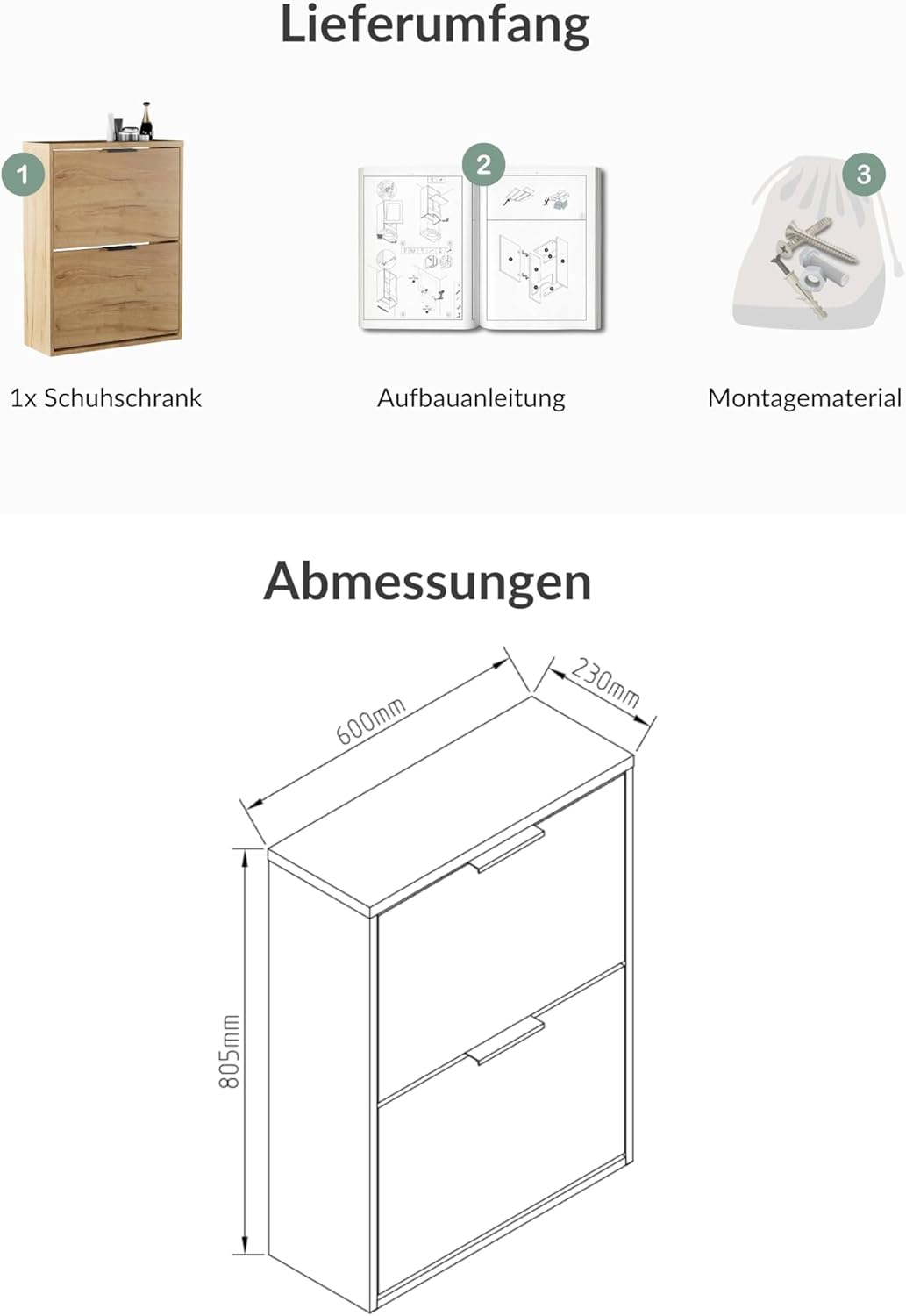 Planetmöbel Schuhschrank schmal mit 2 Klappen platzsparender Schuhregal mit 4 Ablagen, Schuhkommode