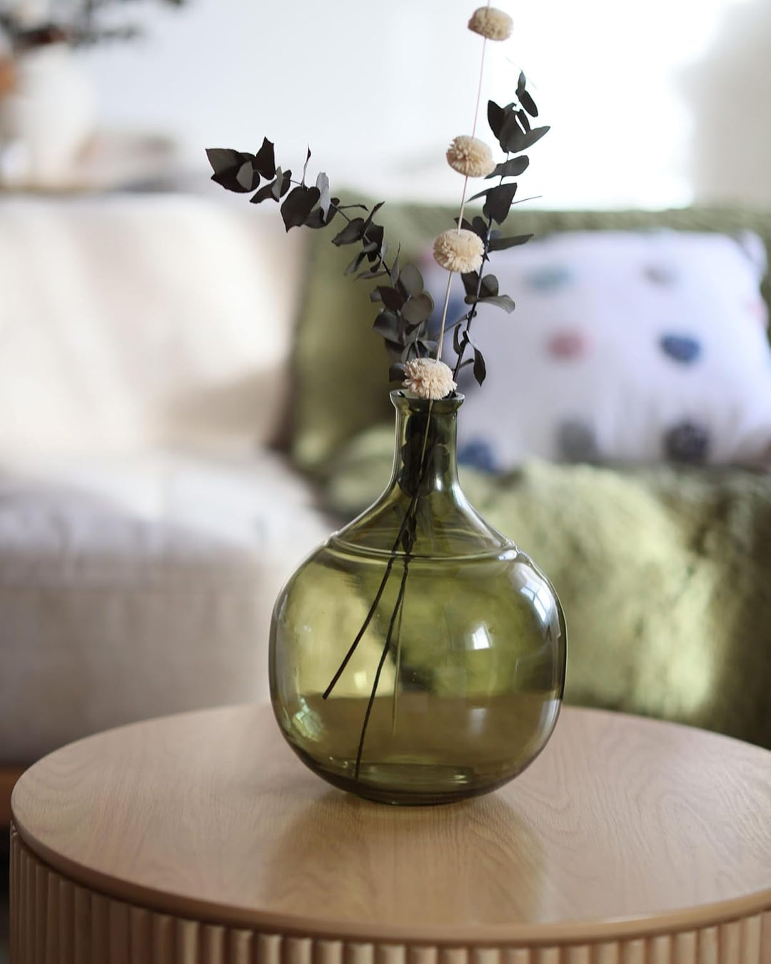 Blumenvase Glas grün 34 cm Tischdeko Ballonvase Flaschenvase Boho Modern Achaar