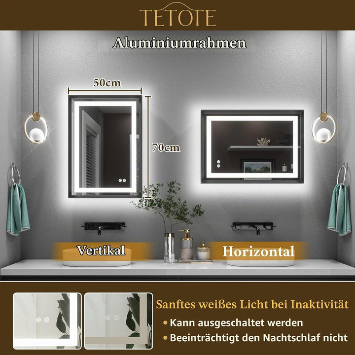TETOTE Badspiegel mit Beleuchtung Schwarz Metallrahmen 50x70cm, Badezimmerspiegel Beleuchtet Beschla