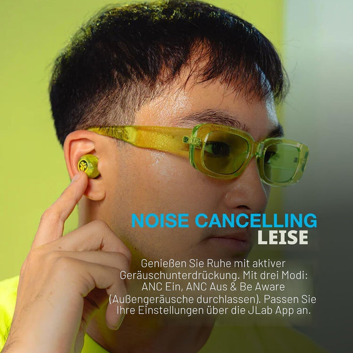 JLab Go Pop ANC In Ear Kopfhörer - Bluetooth, Transparentes Neongrün | Active Noise Cancelling, 24+