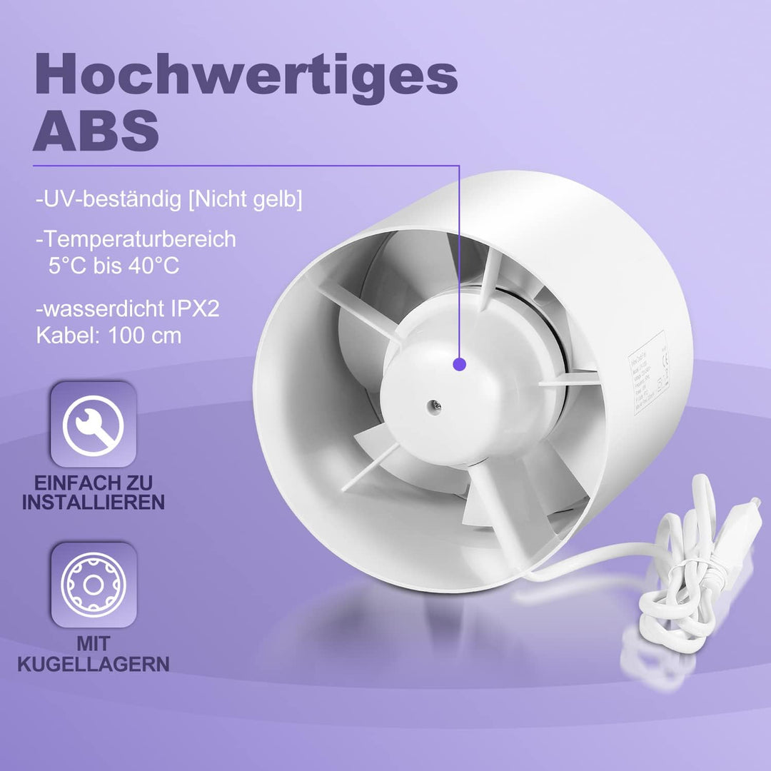 Herrselsam Kanal Rohrventilator 100mm, Abluftventilator Rohrlüfter mit Rückstauklappe, Rohrventilato