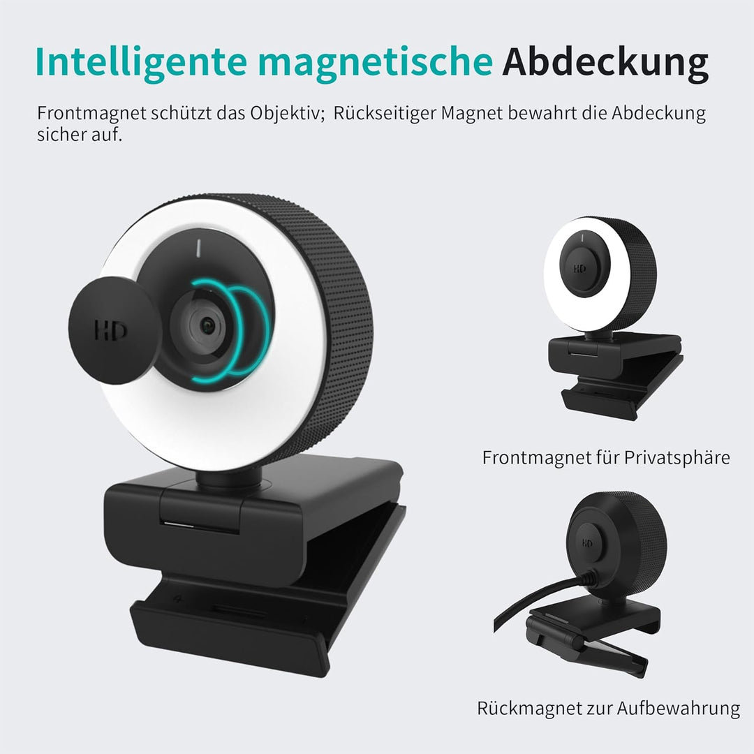 1080P Webcam mit Mikrofon, 60 FPS, Ringlicht mit 3 Lichtmodi, Autofokus, 89° Weitwinkel, Full-HD, Vi