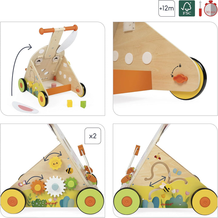 Janod - Bauernhof Multi-Aktivitäten-Wagen - Holzlaufwagen zum Schieben - 9 Aktivitäten - Patentierte