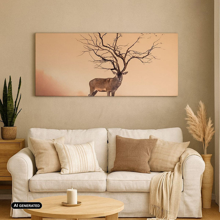 Panorama Bilder auf Leinwand 100x40cm Leinwandbild Hirsch Baum Nebel Wald Gross Wanddeko Bild Schlaf