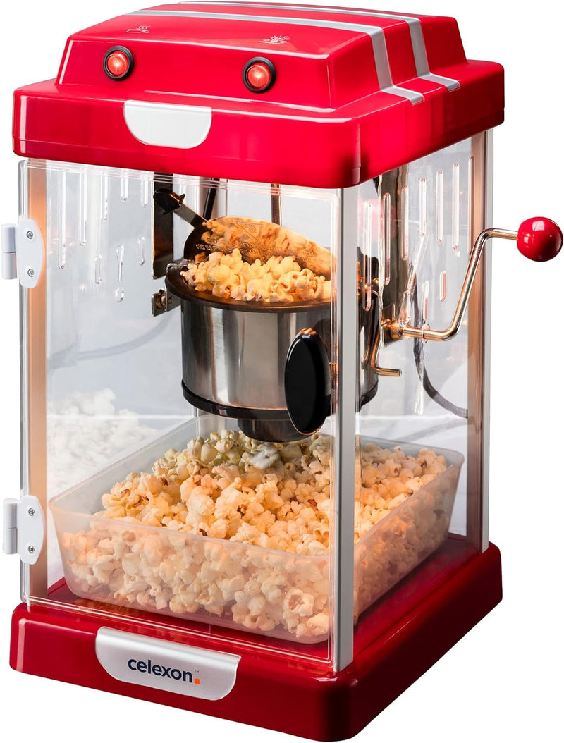 celexon CinePop CP1000 Popcorn-Maschine - 24,5x28x43cm - Rot-Retro/Kino-Design- Edelstahlkessel - Po