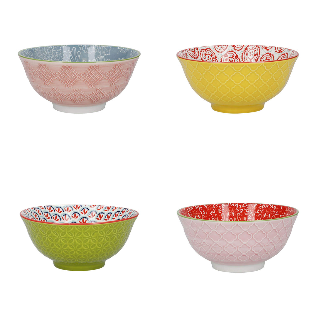 KitchenCraft Gemusterte Müslischale 4er Set in Geschenkbox, Keramikschalen ideal für Eis, Suppe und