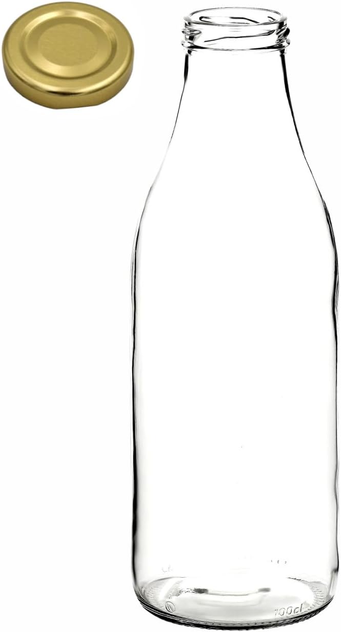 gouveo 20er Set Saftflasche 1000 ml mit Schraubdeckel goldfarben - Grosse Glasflasche 1 Liter mit TO