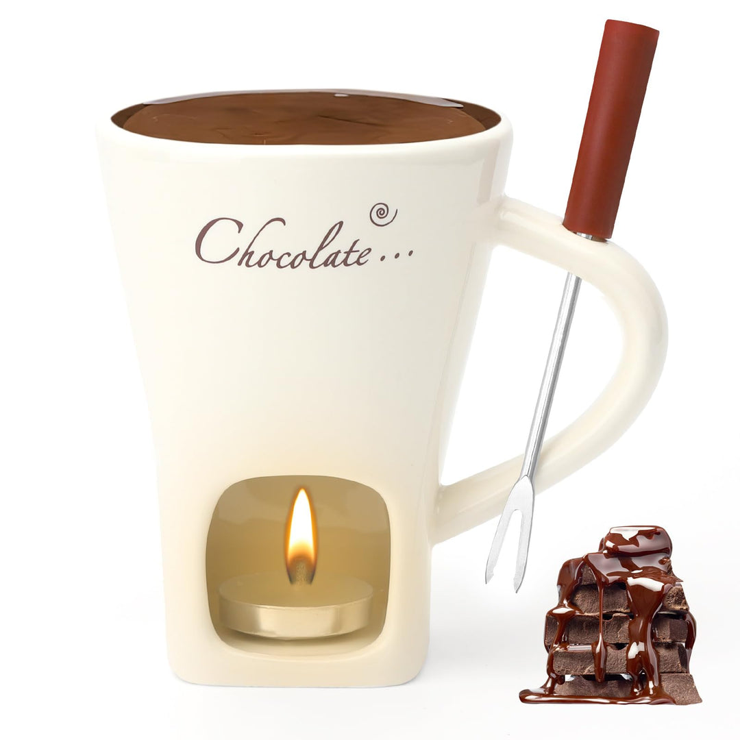 Schokofondue Tasse Keramik 130ML Schoko Fondue Cup mit Teelichthalter und Gabeln Schokoladenfondue S