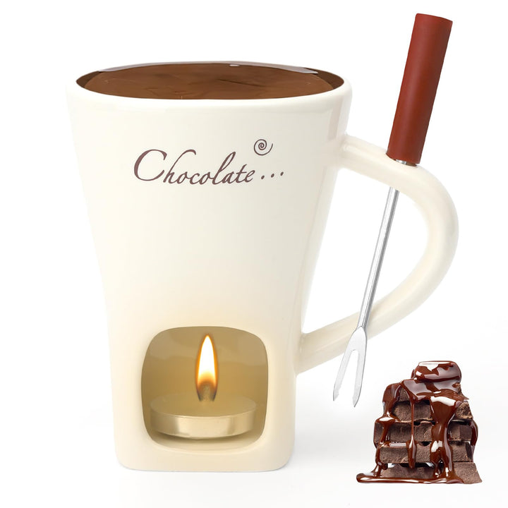 Schokofondue Tasse Keramik 130ML Schoko Fondue Cup mit Teelichthalter und Gabeln Schokoladenfondue S