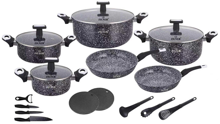 Töpfe und Pfannen Set - Topfset 19-teilig - Marmorbeschichtung und Keramikbeschichtung - mit Glasdec