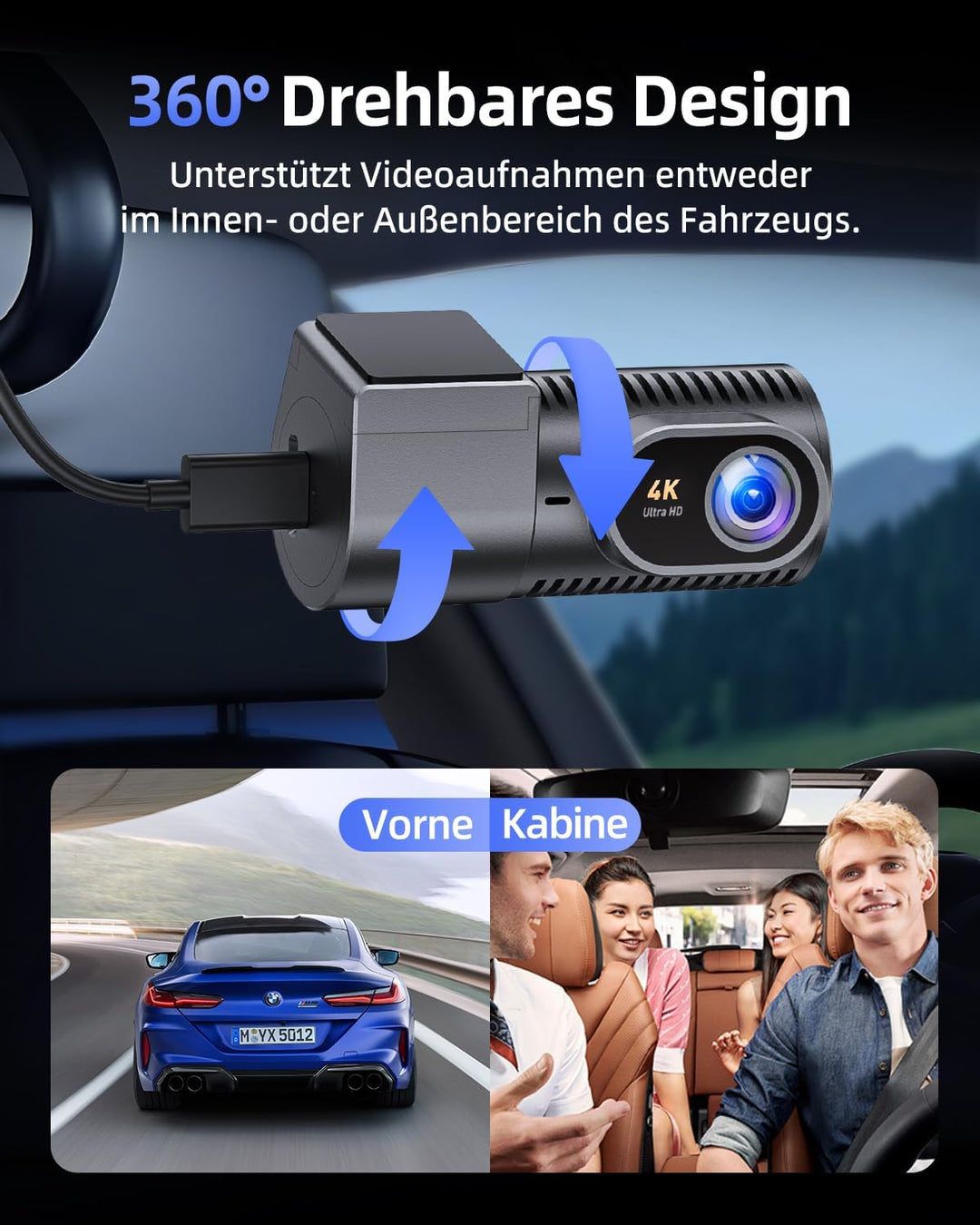 CIEVIE Dashcam Auto Vorne 4K, 1,5" IPS Display & 5G WiFi & 64GB Karte, 360° Drehbar Mini Dash Cam, A