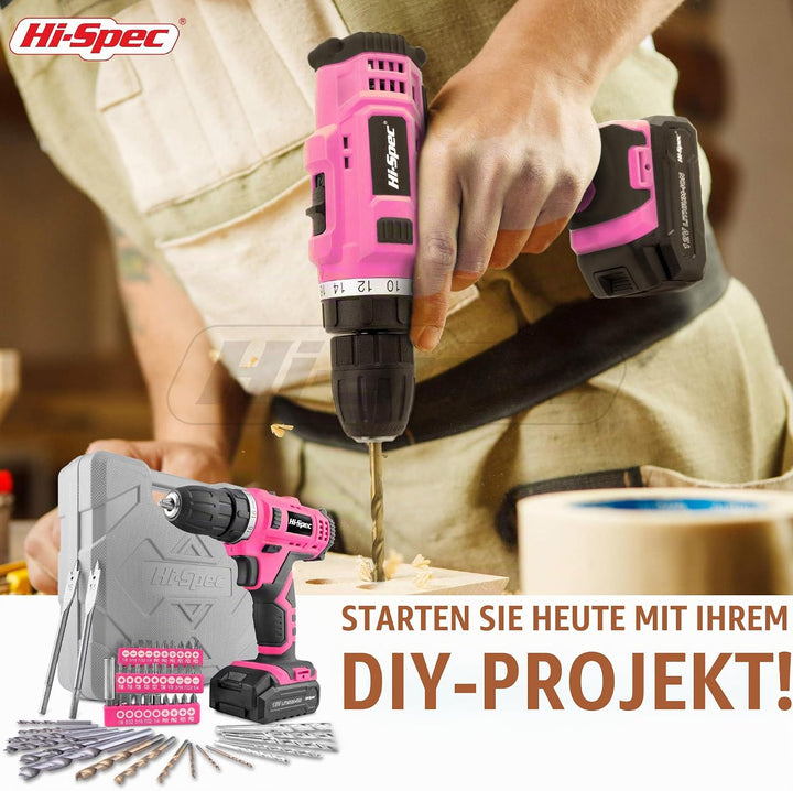 Hi-Spec Akkuschrauber und Bohrmaschinen 50tlg. – 12V Bohrmaschine in Pink Rosa mit gängigen Holz-, M