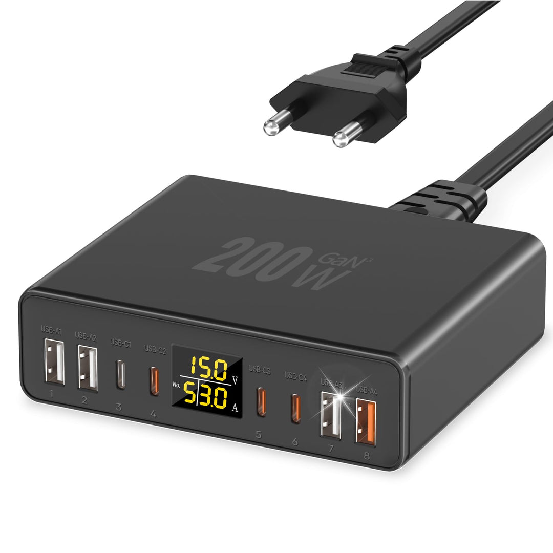 USB C Ladegerät Mehrfach 8-Port mit LED Anzeige, YSYFAD 200W GAN USB Ladestation PPS PD Type C Netzt