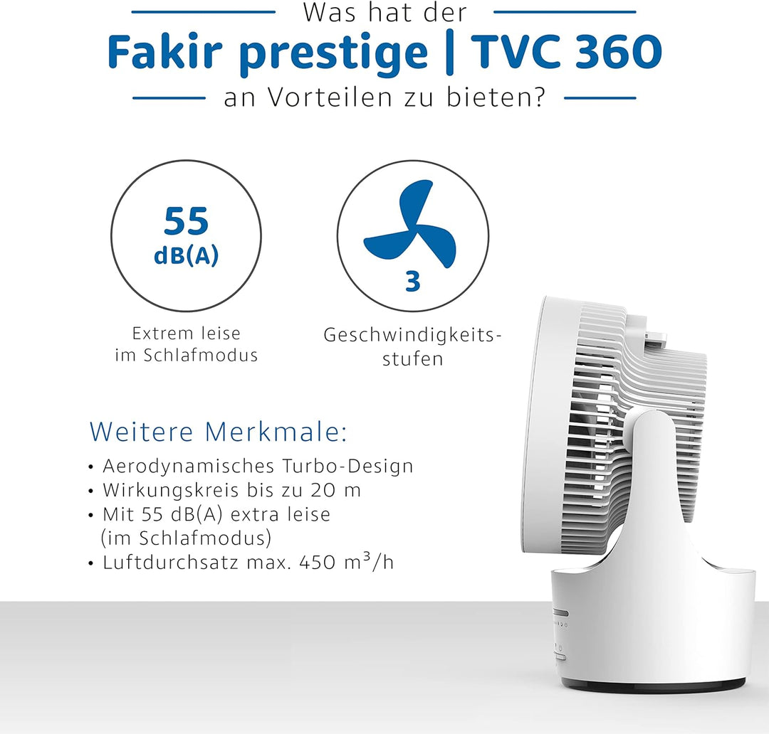 Fakir prestige TVC 360 – Leiser Designer-Tischventilator mit Fernbedienung I Ventilator mit Timer, v