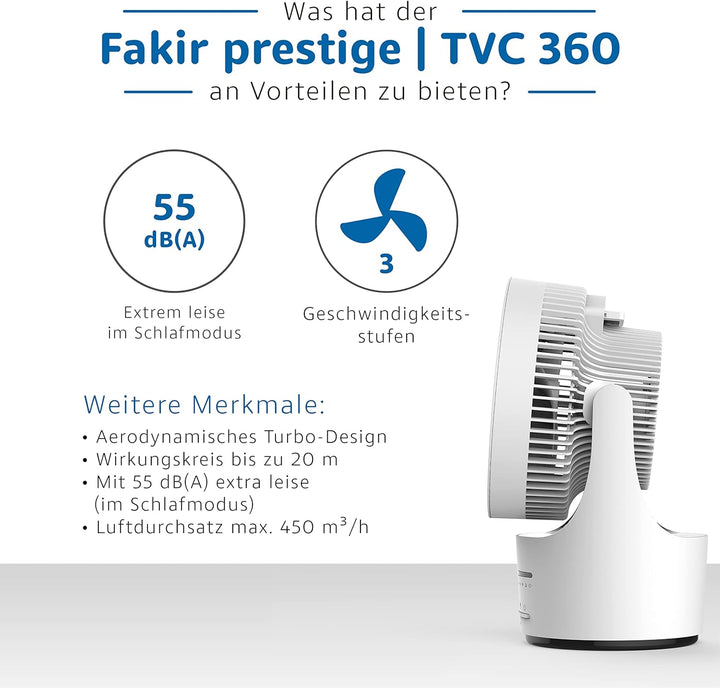 Fakir prestige TVC 360 – Leiser Designer-Tischventilator mit Fernbedienung I Ventilator mit Timer, v