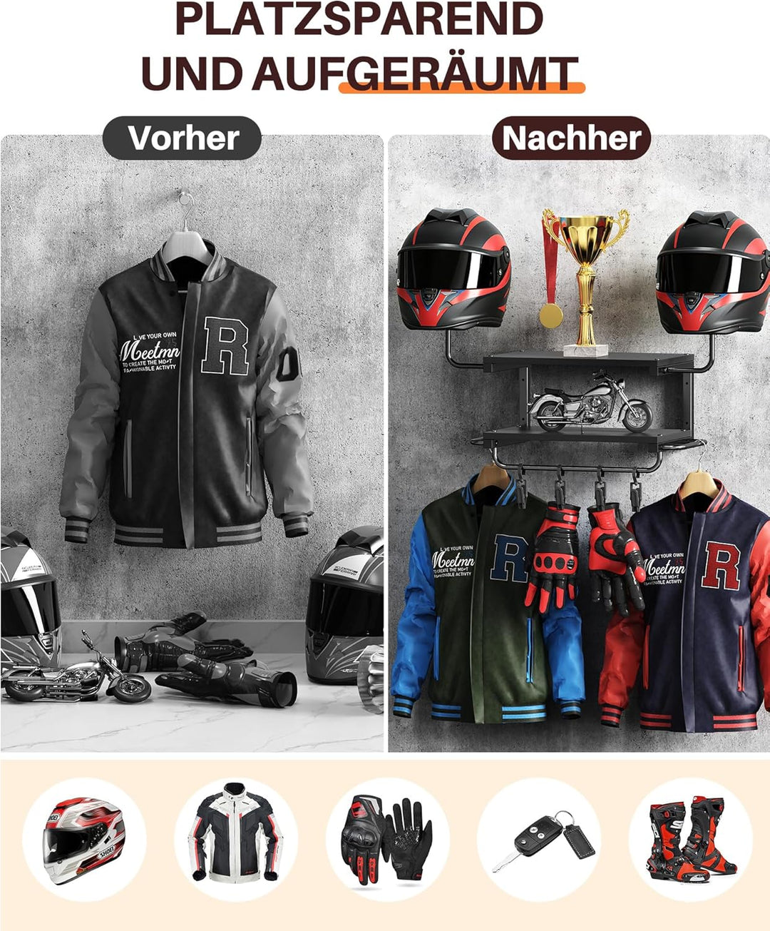 Motorradhelm Halterung Wand für 2 Helme, Motorrad Garderobe Wand mit Kleiderbügel und Haken, 30 kg T