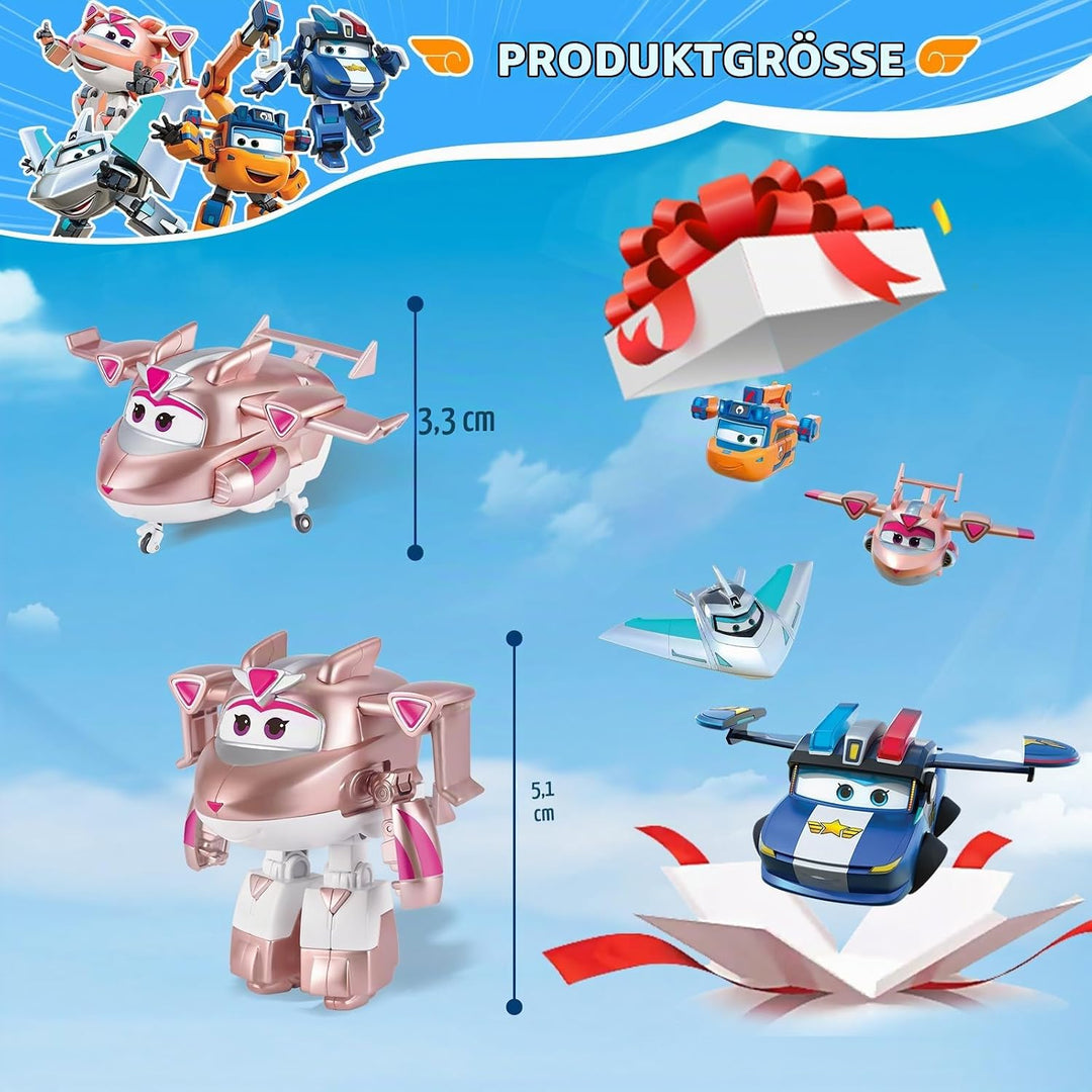 Super Wings Transforming Figuren 4 Pack, 5 cm Lucie &amp; Marty &amp; Traver &amp; Golden Girl, Roboter zu Flugz