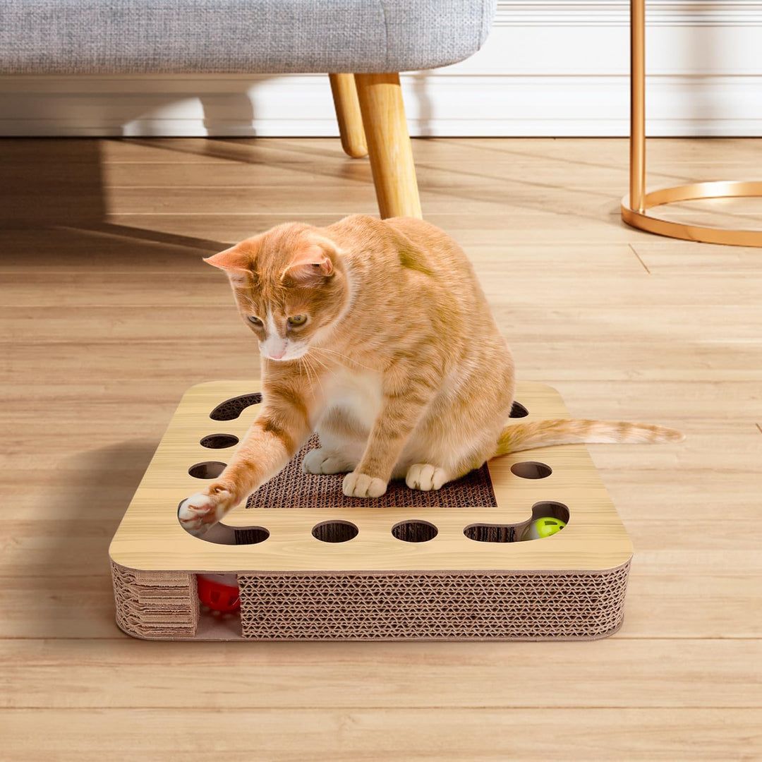 Nobleza Katzen kratzbrett mit Minze，Katzenspielzeug Interaktives mit 2 Klingelballs，3 in 1 Wellpappe