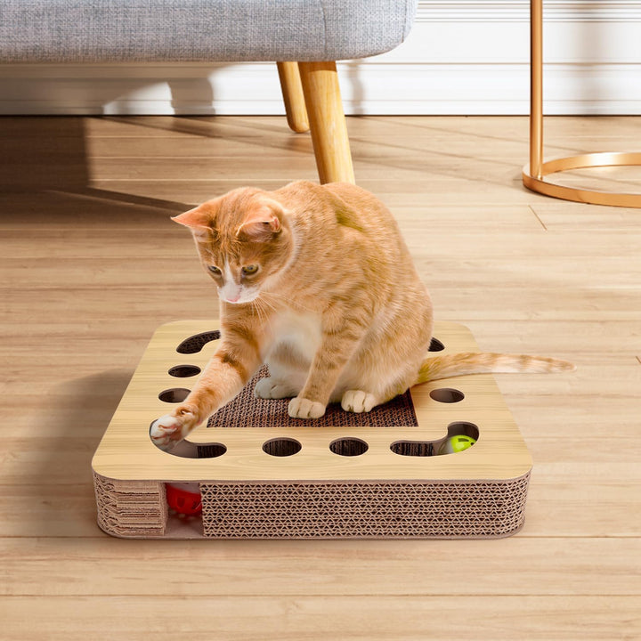 Nobleza Katzen kratzbrett mit Minze，Katzenspielzeug Interaktives mit 2 Klingelballs，3 in 1 Wellpappe