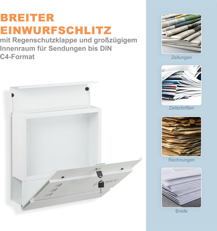 Relaxdays Briefkasten mit Zeitungsfach, HxBxT: 37 x 37 x 12 cm, Eisen, 4 Schlüssel, Postkasten mit A