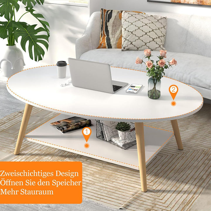 Anmas Power Doppelschicht Couchtisch, Weiss Beistelltische Holz,Wohnzimmertisch Oval,Tischbeine aus