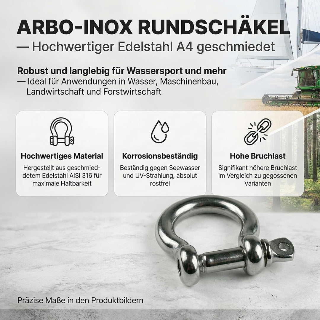 ARBO-INOX Rundschäkel geschweifte Form aus Edelstahl A4 geschmiedet 16 mm, 16 mm