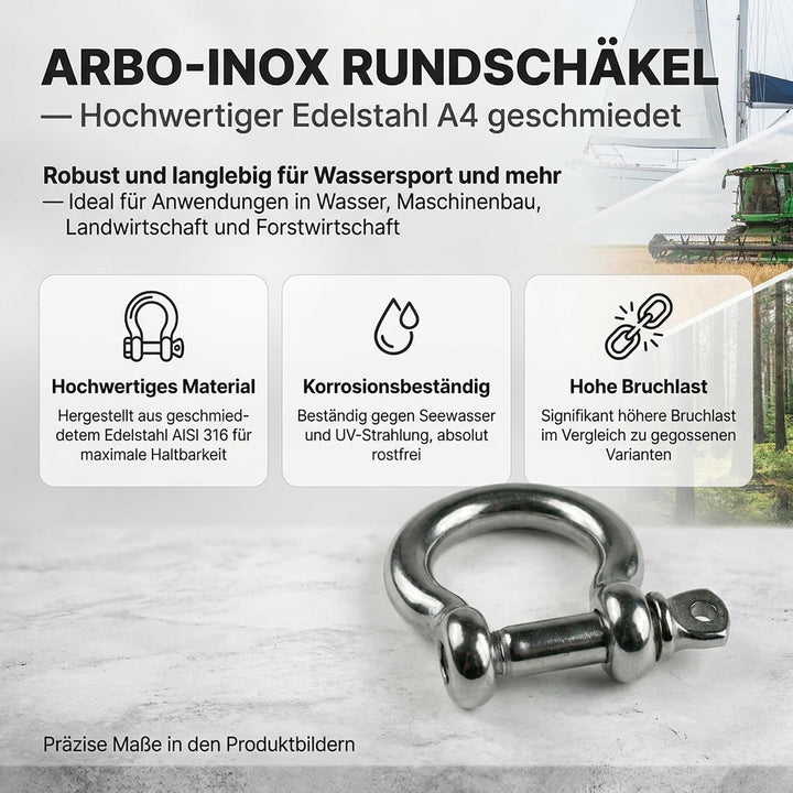 ARBO-INOX Rundschäkel geschweifte Form aus Edelstahl A4 geschmiedet 16 mm, 16 mm