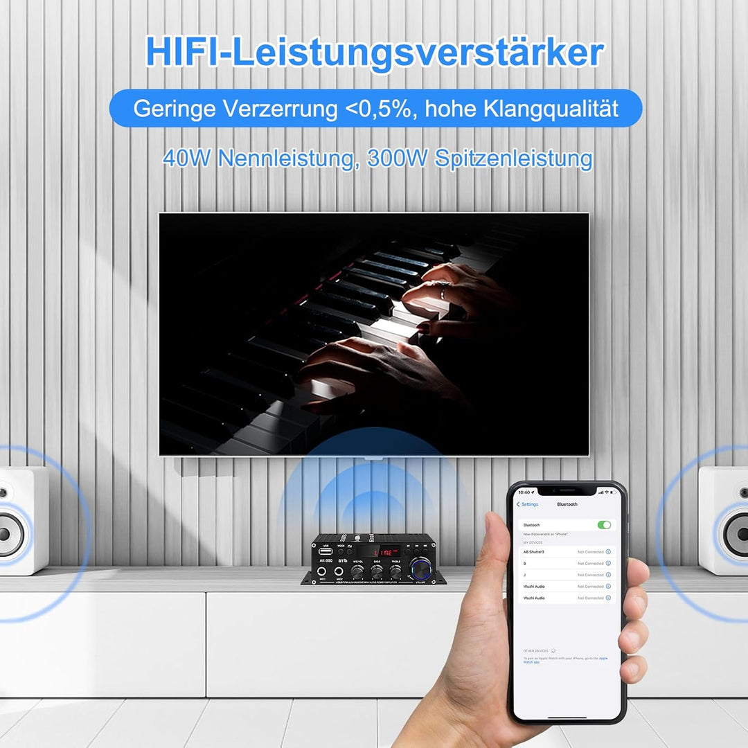 HiFi Stereo Verstärker Empfänger für Home Lautsprecher, AK-390 Bluetooth5.0 Mini Audio Amp 2.0 Kanal
