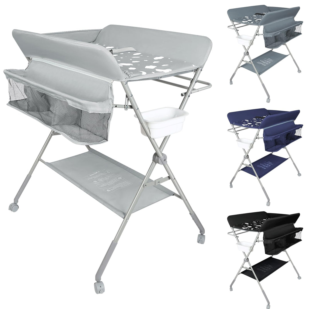 OHMG Baby Wickelkombi Klappbare Wickelkommode,Wickeltisch mit Rollen,Mobiler Wickeltisch mit Wickela
