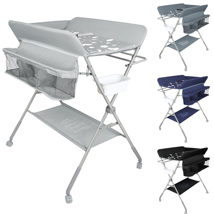 OHMG Baby Wickelkombi Klappbare Wickelkommode,Wickeltisch mit Rollen,Mobiler Wickeltisch mit Wickela