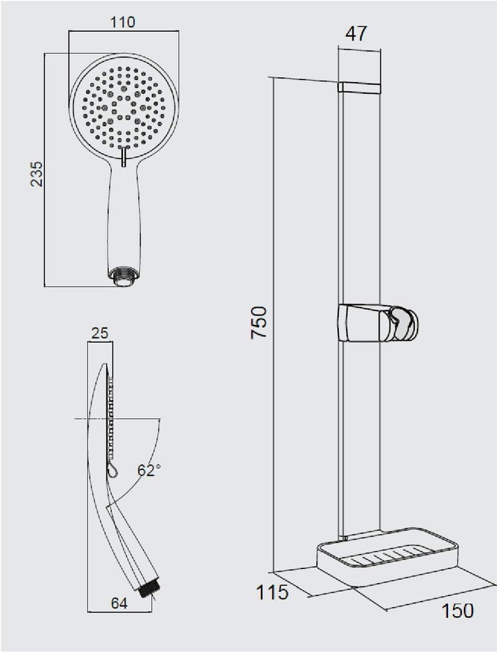 Duschstange Duschbrause Duschkopf Halter Ohne Bohren 3M Kleber (Mit Brausekopf Schwarz), Mit Brausek