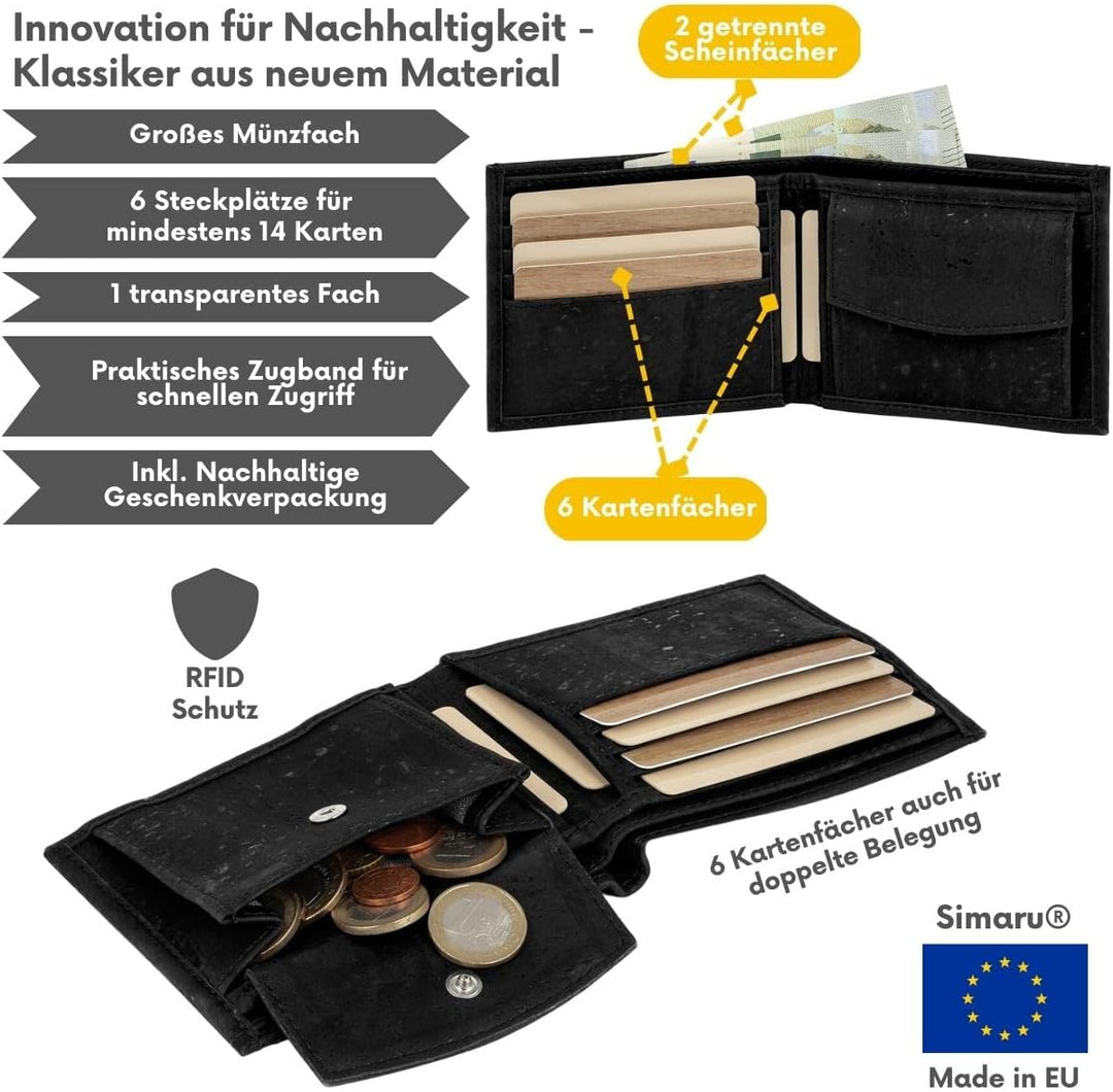 Simaru Geldbeutel Geldbörse Portmonee Vegan aus Kork,Portemonnaie mit RFID Schutz, hochwertiges Kork