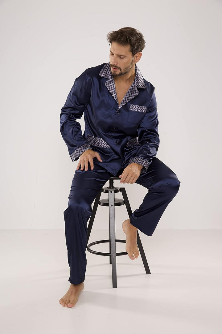 edler und hochwertiger Satin-Pyjama Herren-Schlafanzug Hausanzug, M Marine