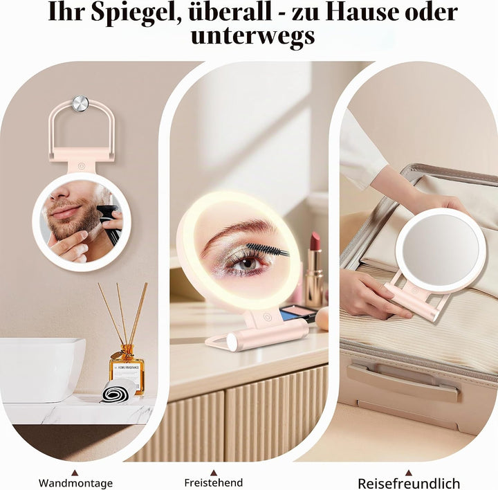 Schminkspiegel mit Beleuchtung,Doppelseitiger1X/30X Vergrösserungsspiegel mit Licht, 2000mAh 3 Farbe