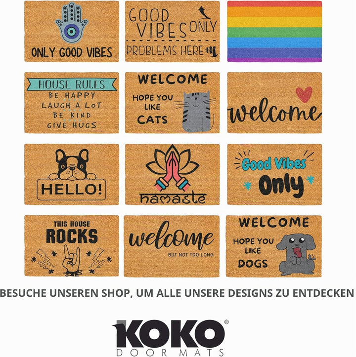 KOKO DOORMATS Kokos Fussmatte aussen mit Anti-Rutsch PVC | Lustige Türmatte Hola - Cat &amp; Dog | Umwel