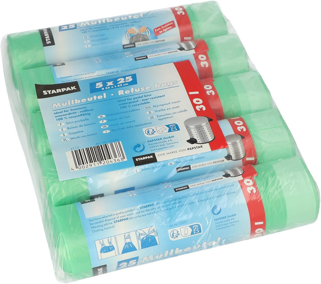 PAPSTAR 1 Karton = 5x125 Müllbeutel zum Zuziehen, HDPE 30 l 62 cm x 55 cm grün 12436