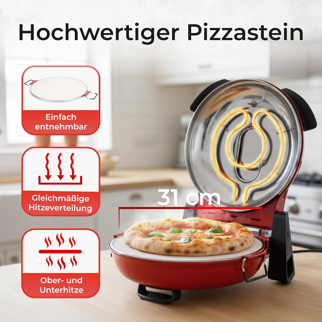 KLAMER Pizzaofen elektrisch, Pizza Ofen mit ⌀ 31cm, 1200W, 400°C, abnehmbarer Keramik Pizzastein, 5