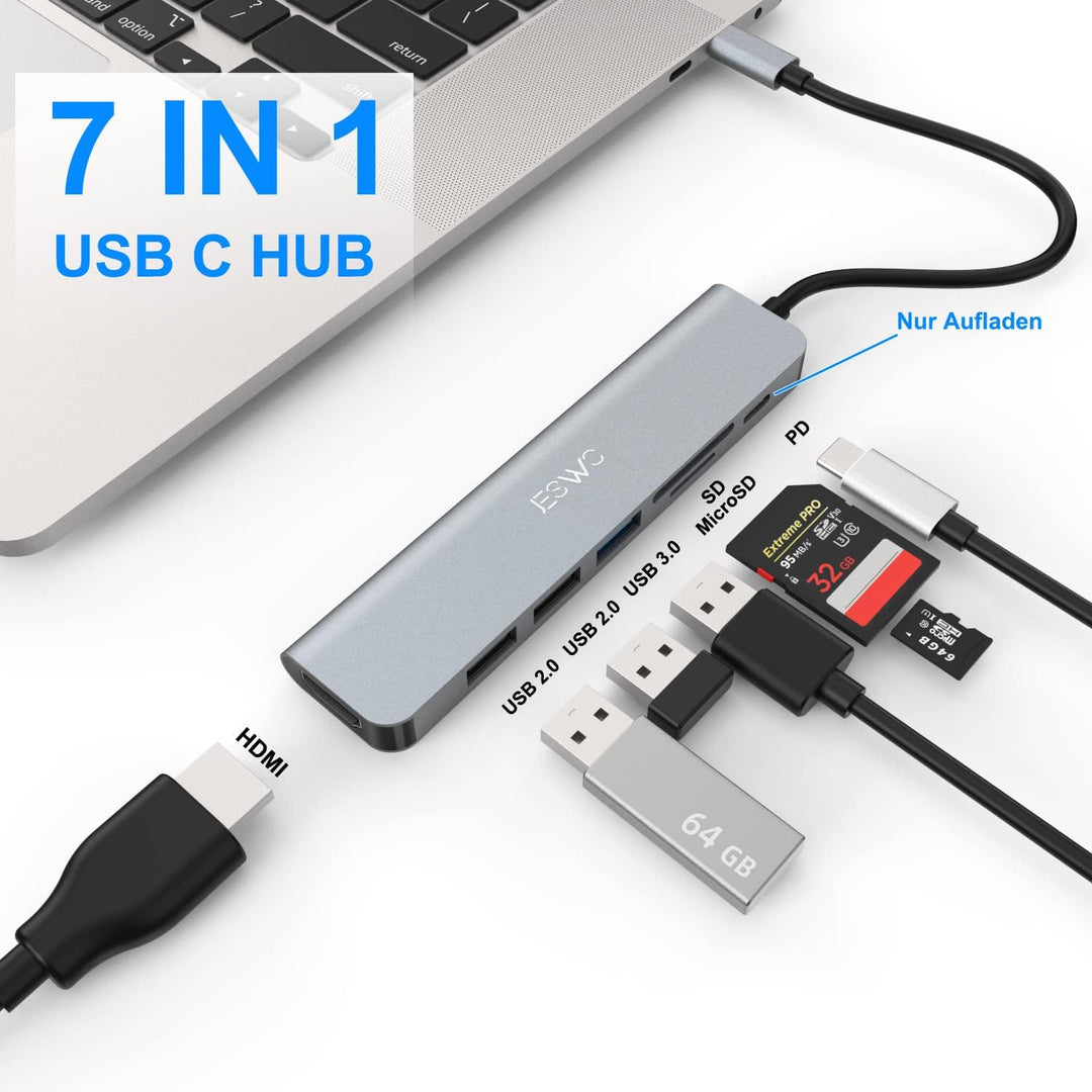 USB C Hub, JESWO 7 in 1 USB C Adapter mit 4K HDMI, 1 USB 3.0, 2 USB 2.0, SD/TF Kartenleser und 100W
